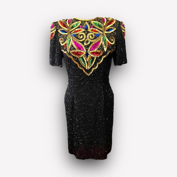 VINTAGE STENAY 1990s SILK AND SEQUIN BEADED BLACK COCKTAIL DRESS SIZE ME… - Picture 6 of 14